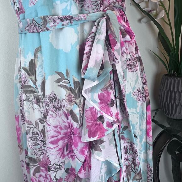 Eliza J Cascading Ruffled Floral Maxi Dress Faux Wrap Flutter Sleeve A-Line 10 - Picture 8 of 13